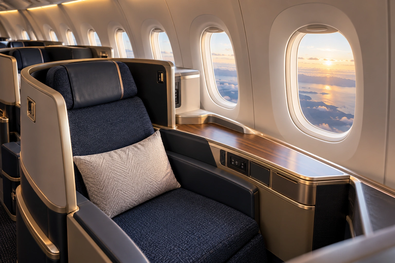 A navy upholstered Business Class seat beside aircraft windows, with a walnut console and warm natural light