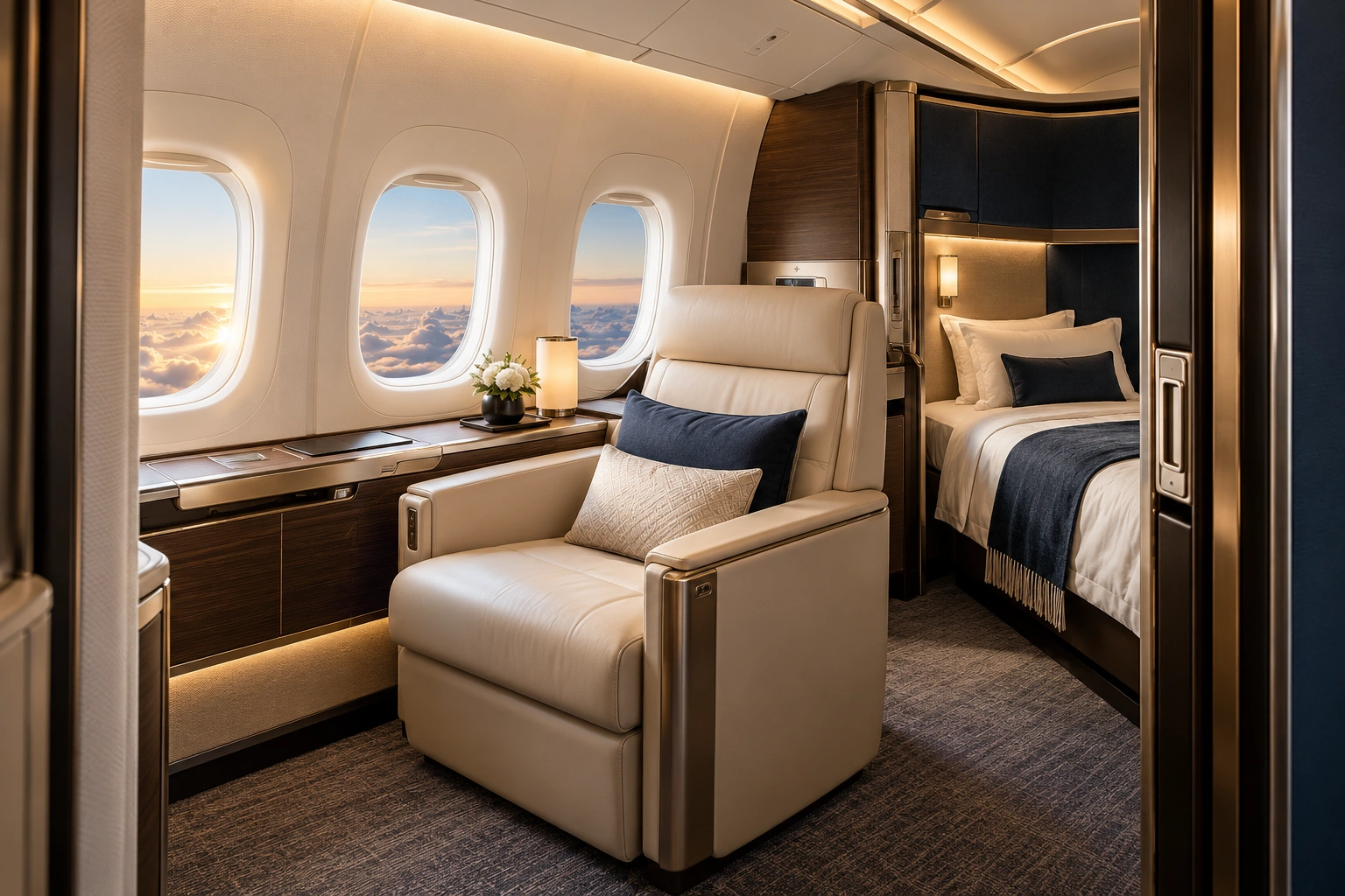 A spacious First Class suite with a cream leather armchair, private sleeping berth and sliding door